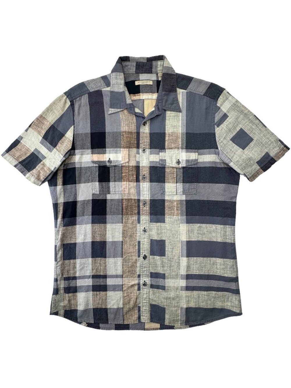 Burberry Brit Nova Check Plaid Shirt Men's Large Grey Button Up Short Sleeve